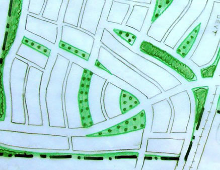 Plan detail showing linear sidewalks and shade trees